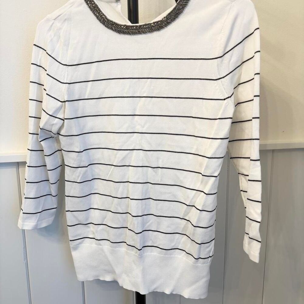 White House Black Market Striped Embellished Neck Sweater SP